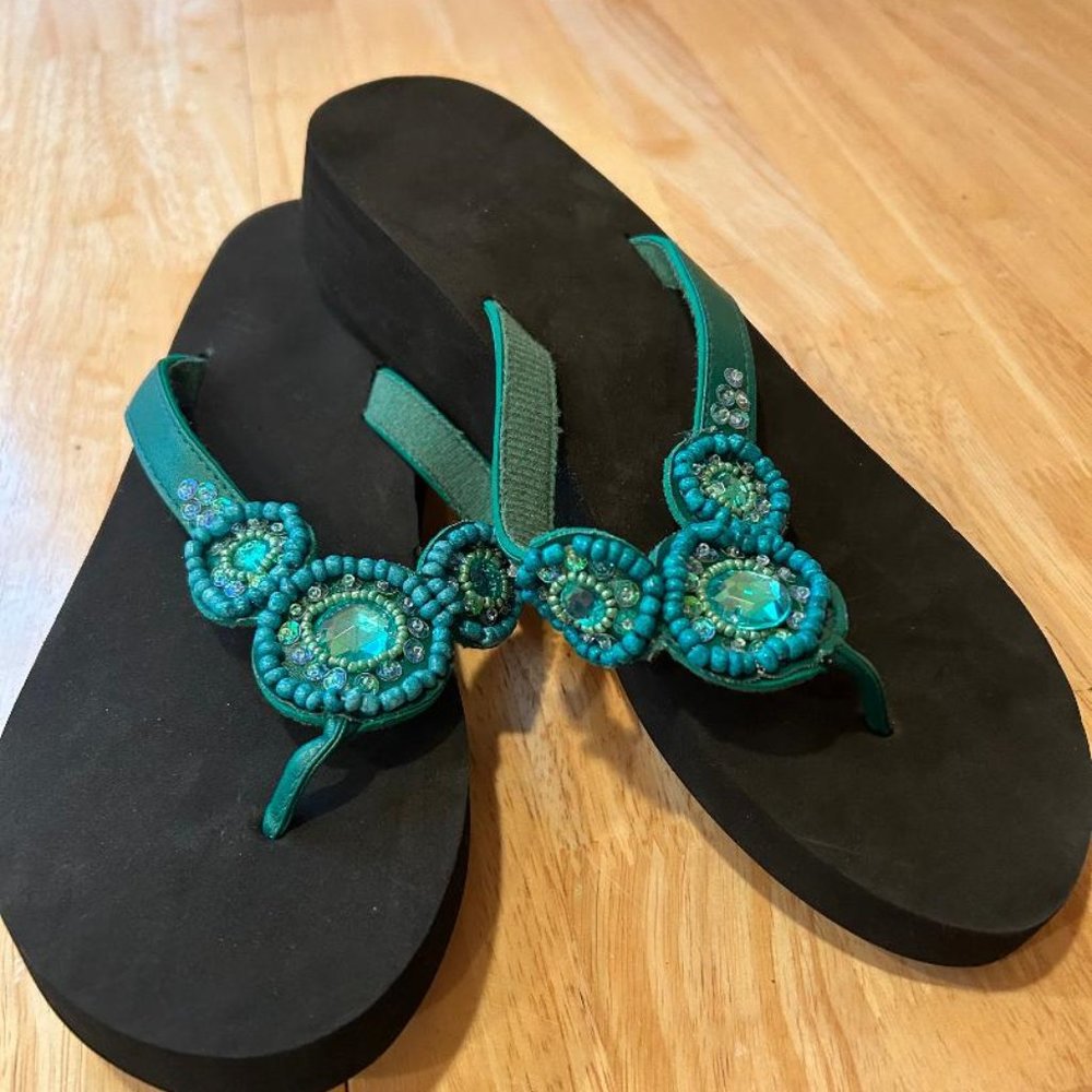Brand New Blue/Green Embellished flip flops (Size Large 9-10)